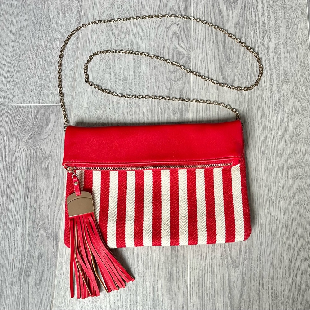 8am Forever Red and White Striped Fold Over Crossbody Bag or Clutch Like New